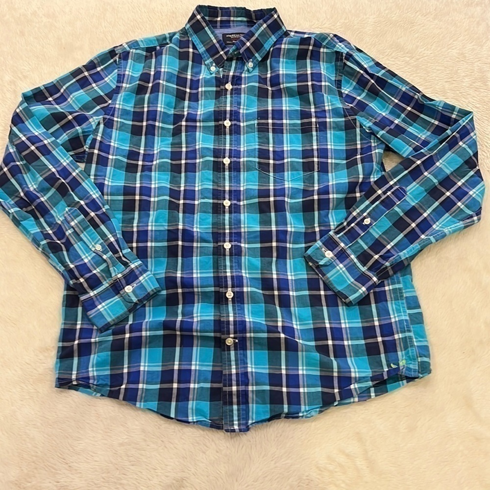 American Eagle Men's Athletic Fit Blue Plaid Long Sleeve Button Up Sz LT